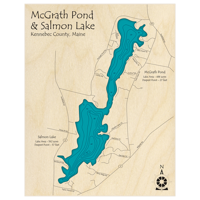 Bathymetric topo map of McGrath Pond (With Salmon Lake) with roads, towns and depths noted in blue water