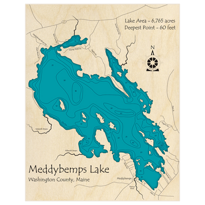 Bathymetric topo map of Meddybemps Lake with roads, towns and depths noted in blue water