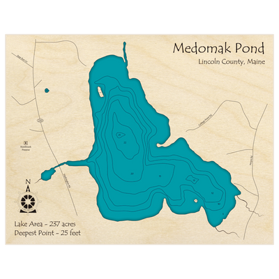 Bathymetric topo map of Medomak Pond with roads, towns and depths noted in blue water