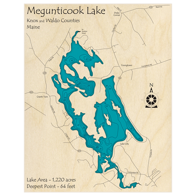 Bathymetric topo map of Megunticook Lake with roads, towns and depths noted in blue water