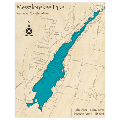 Bathymetric topo map of Messalonskee Lake with roads, towns and depths noted in blue water