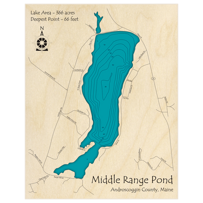 Bathymetric topo map of Middle Range Pond with roads, towns and depths noted in blue water