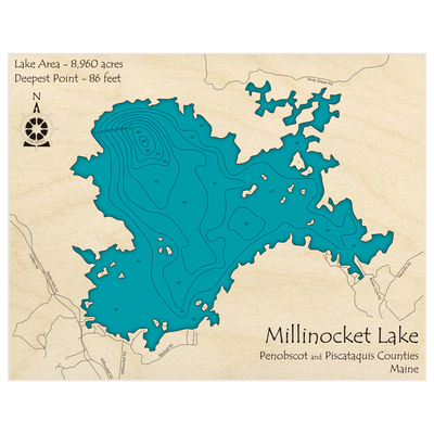 Bathymetric topo map of Millinocket Lake with roads, towns and depths noted in blue water