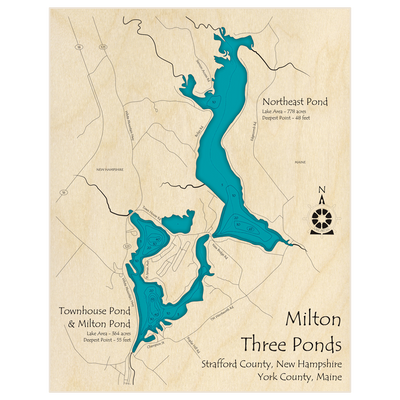 Bathymetric topo map of Milton Three Ponds - (Milton Pond Townhouse Pond and Northeast Pond) with roads, towns and depths noted in blue water