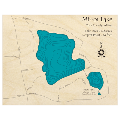 Bathymetric topo map of Mirror Lake with roads, towns and depths noted in blue water