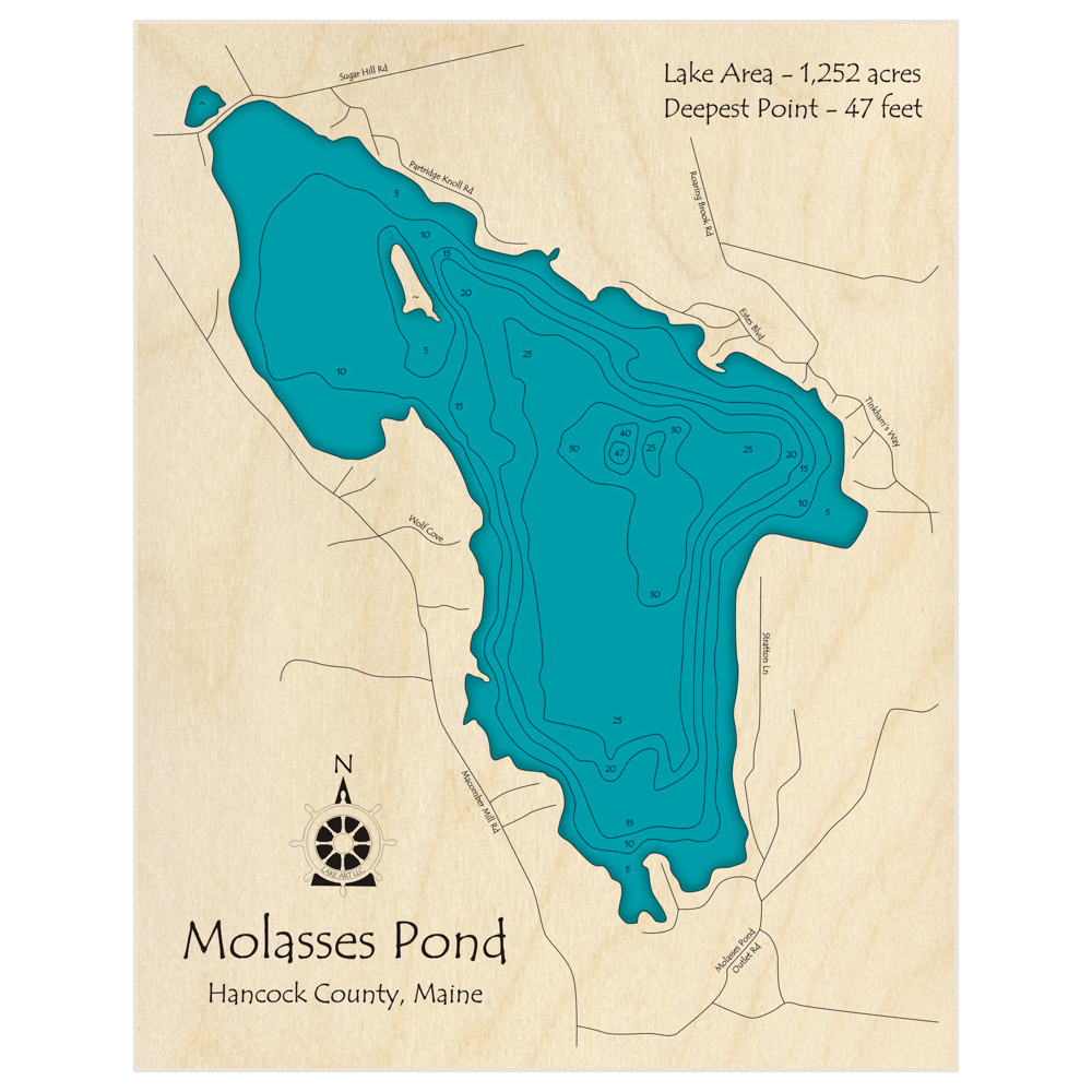 Bathymetric topo map of Molasses Pond with roads, towns and depths noted in blue water