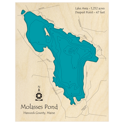 Bathymetric topo map of Molasses Pond with roads, towns and depths noted in blue water