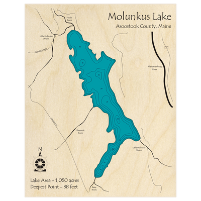 Bathymetric topo map of Molunkus Lake with roads, towns and depths noted in blue water