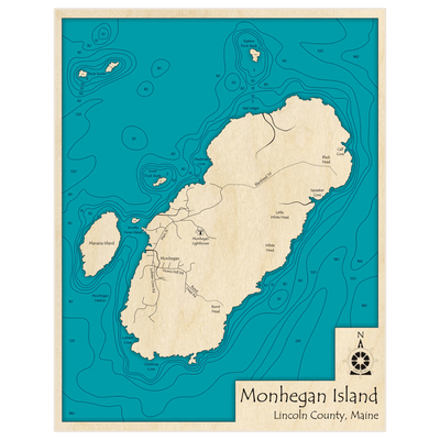 Bathymetric topo map of Monhegan Island with roads, towns and depths noted in blue water