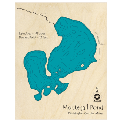 Bathymetric topo map of Montegail Pond with roads, towns and depths noted in blue water