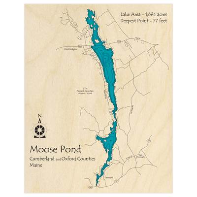 Bathymetric topo map of Moose Pond with roads, towns and depths noted in blue water