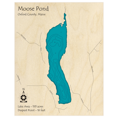 Bathymetric topo map of Moose Pond with roads, towns and depths noted in blue water