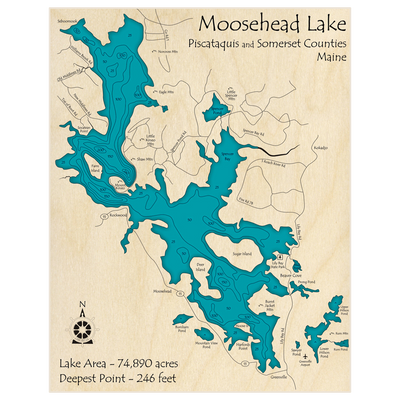 Bathymetric topo map of Moosehead Lake with roads, towns and depths noted in blue water