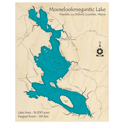 Bathymetric topo map of Mooselookmeguntic Lake with roads, towns and depths noted in blue water