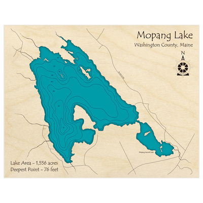 Bathymetric topo map of Mopang Lake with roads, towns and depths noted in blue water