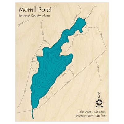 Bathymetric topo map of Morrill Pond with roads, towns and depths noted in blue water