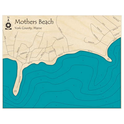 Bathymetric topo map of Mothers Beach with roads, towns and depths noted in blue water