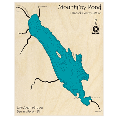 Bathymetric topo map of Mountainy Pond with roads, towns and depths noted in blue water