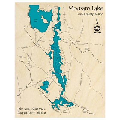 Bathymetric topo map of Mousam Lake with roads, towns and depths noted in blue water