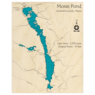 Bathymetric topo map of Moxie Pond with roads, towns and depths noted in blue water