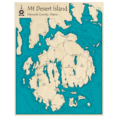 Bathymetric topo map of Mt Desert Island with roads, towns and depths noted in blue water