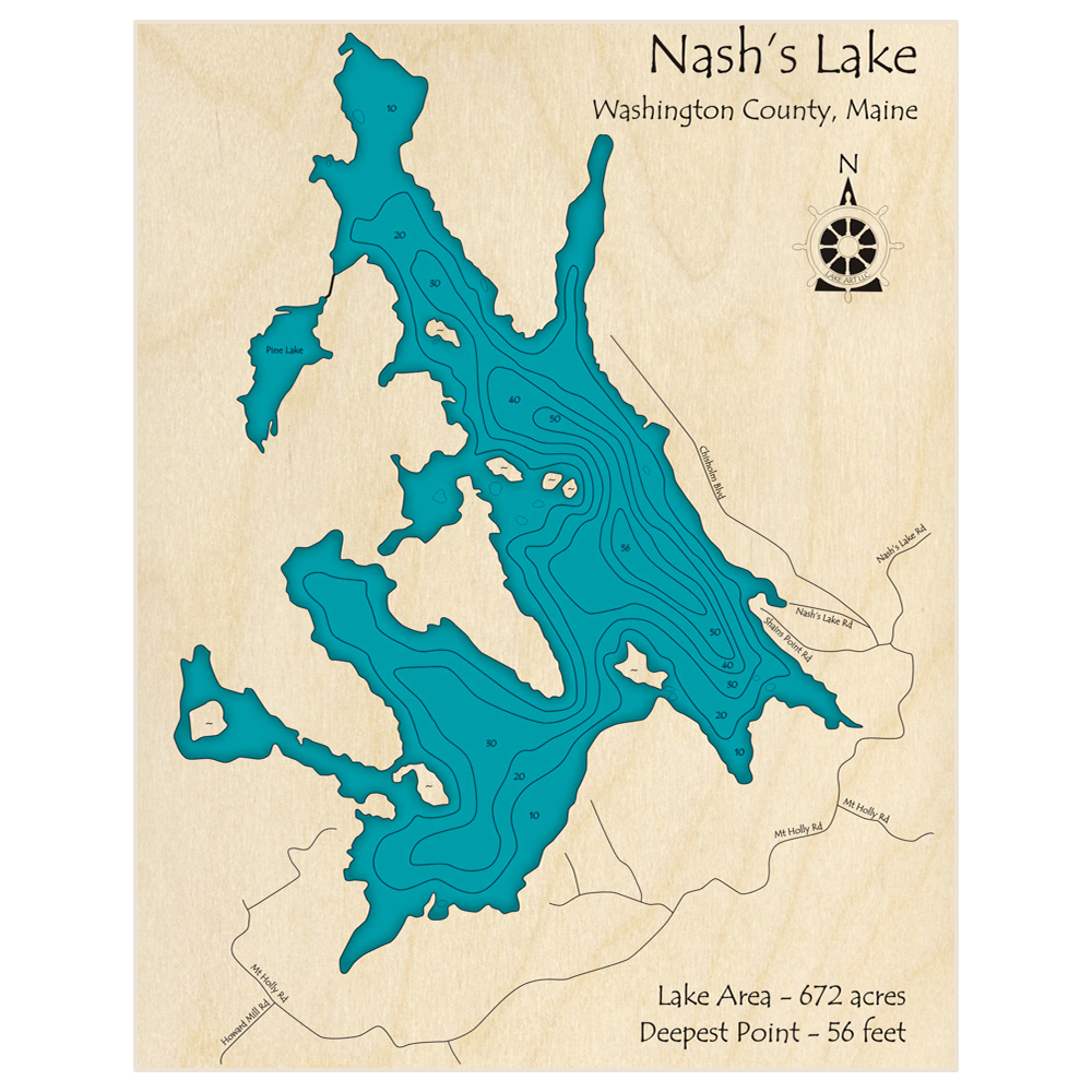 Bathymetric topo map of Nashs Lake with roads, towns and depths noted in blue water