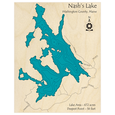 Bathymetric topo map of Nashs Lake with roads, towns and depths noted in blue water