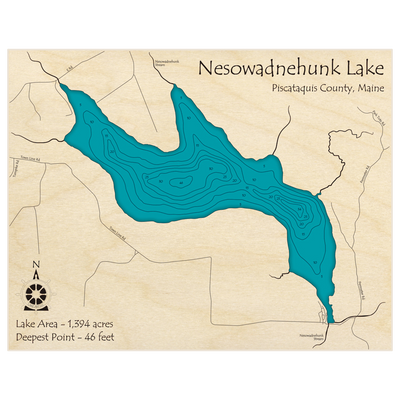 Bathymetric topo map of Nesowadnehunk Lake with roads, towns and depths noted in blue water