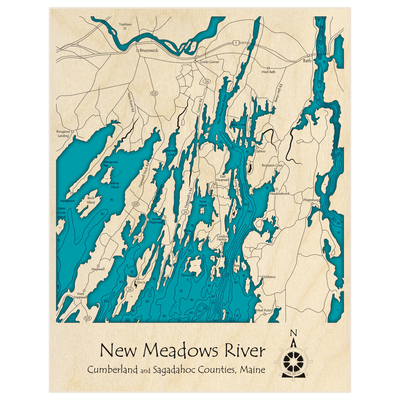 Bathymetric topo map of New Meadows River with roads, towns and depths noted in blue water