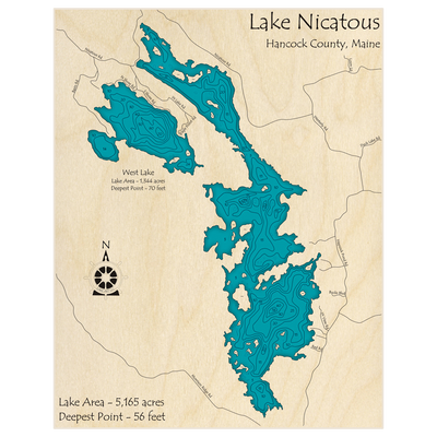 Bathymetric topo map of Lake Nicatous with roads, towns and depths noted in blue water