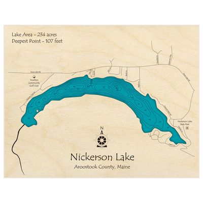 Bathymetric topo map of Nickerson Lake with roads, towns and depths noted in blue water