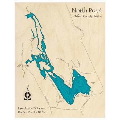 Bathymetric topo map of North Pond with roads, towns and depths noted in blue water