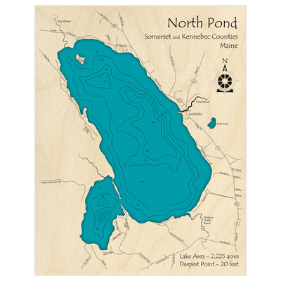 Bathymetric topo map of North Pond with roads, towns and depths noted in blue water