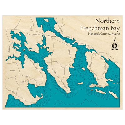 Bathymetric topo map of Northern Frenchman Bay with roads, towns and depths noted in blue water