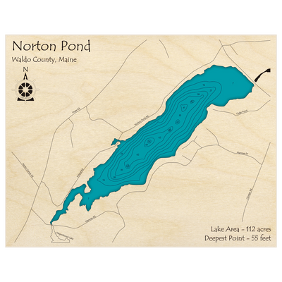 Bathymetric topo map of Norton Pond with roads, towns and depths noted in blue water