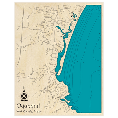 Bathymetric topo map of Ogunquit with roads, towns and depths noted in blue water