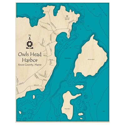 Bathymetric topo map of Owls Head Harbor with roads, towns and depths noted in blue water