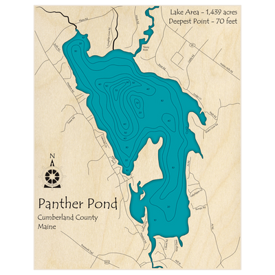 Bathymetric topo map of Panther Pond with roads, towns and depths noted in blue water