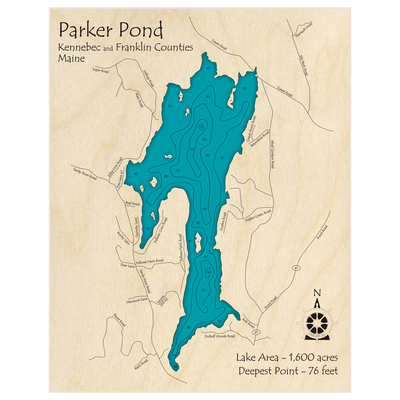 Bathymetric topo map of Parker Pond with roads, towns and depths noted in blue water