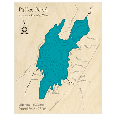 Bathymetric topo map of Pattee Pond with roads, towns and depths noted in blue water