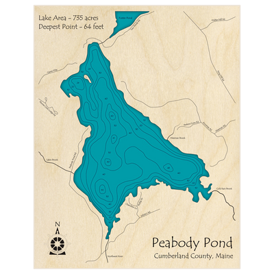 Bathymetric topo map of Peabody Pond with roads, towns and depths noted in blue water