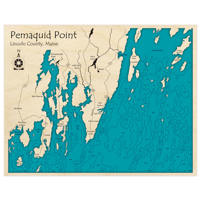 Bathymetric topo map of Pemaquid Point with roads, towns and depths noted in blue water