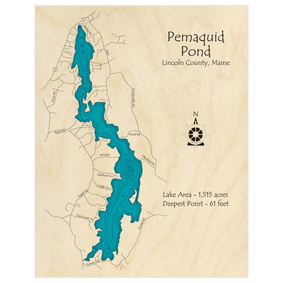 Bathymetric topo map of Pemaquid Pond with roads, towns and depths noted in blue water