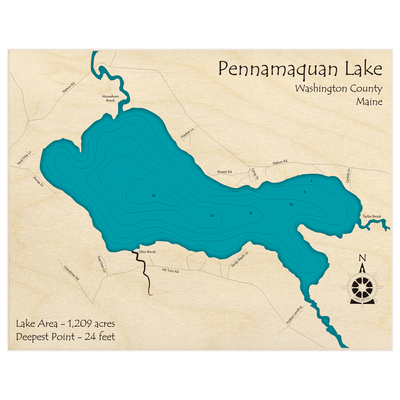 Bathymetric topo map of Pennamaquan Lake with roads, towns and depths noted in blue water