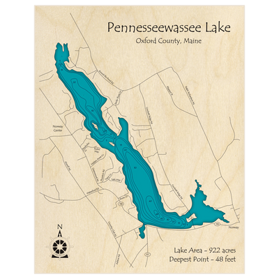 Bathymetric topo map of Pennesseewassee Lake with roads, towns and depths noted in blue water