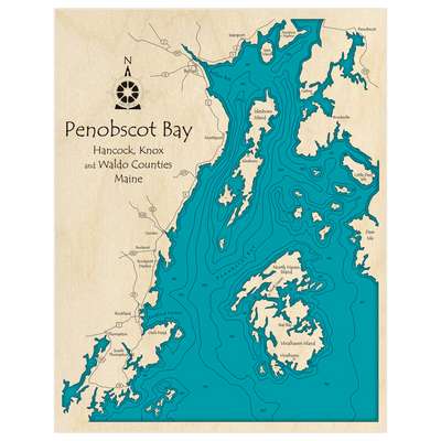 Bathymetric topo map of Penobscot Bay with roads, towns and depths noted in blue water