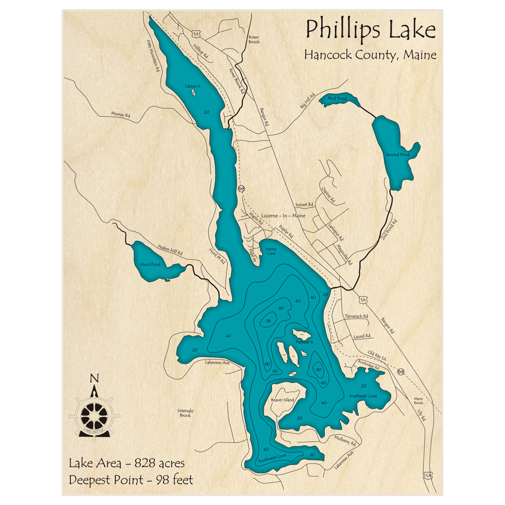 Bathymetric topo map of Phillips Lake with roads, towns and depths noted in blue water