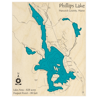 Bathymetric topo map of Phillips Lake with roads, towns and depths noted in blue water