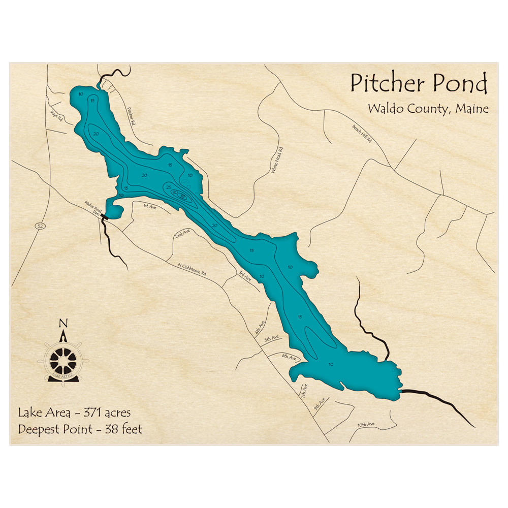 Bathymetric topo map of Pitcher Pond with roads, towns and depths noted in blue water