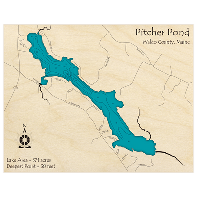 Bathymetric topo map of Pitcher Pond with roads, towns and depths noted in blue water